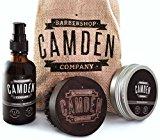 Camden Barbershop Company: Ensemble cadeau pour hommes, kit / coffret d'entretien et de soin pour barbe deluxe, comprenant brosse pour barbe en bois de noyer, huile et baume pour barbe