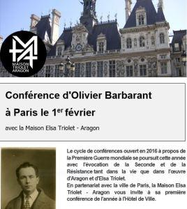 Maison ARAGON-TRIOLET  Conférence d’Olivier Barbarant à Paris le 1er Février 2018