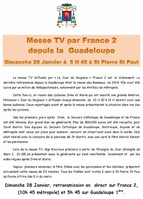 Messe TV par France 2 depuis la Guadeloupe Dimanche 28 Janvier à 5 H 45 à St Pierre St Paul