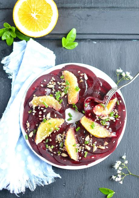 Carpaccio de betteraves à l'orange et au sésame