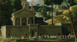 Poussin 1648 Paysage avec les funerailles de Phocion. Cardiff, Musee national du Pays de Galles temple
