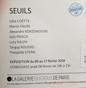 Galerie du CROUS de Paris  exposition SEUILS 6/17 Février 2018