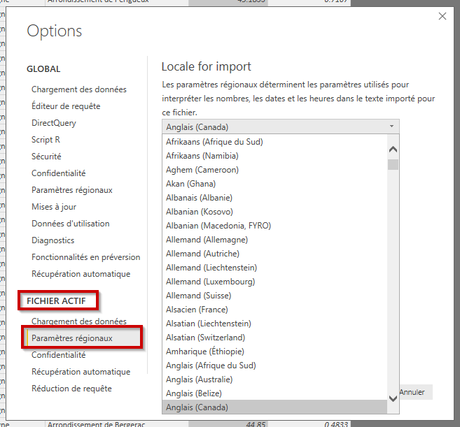 Power BI Paramètres régionaux fichier actif