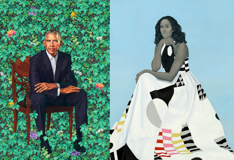 Les nouveaux portraits des Obama pour la National Portrait Gallery de Washington Barack Obama (Kehinde Wiley) ; Michelle LaVaughn Robinson Obama (Amy Sherald)