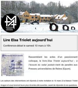 Maison ARAGON TRIOLET  « Lire Elsa Triolet aujourd’hui » le 10 Mars