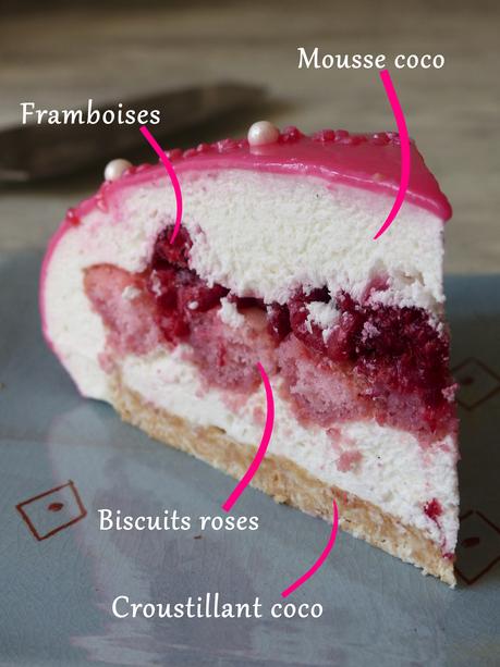 Entremets coco – framboises – biscuits roses