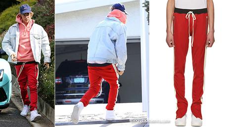 STYLE : Justin Bieber in Red & Off-White Knit Track Pants