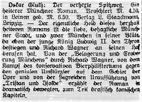 Der verhexte Spitzweg, München zur Zeit Richard Wagners. Un roman oublié d'Oskar Gluth, Munich au temps de Richard Wagner.