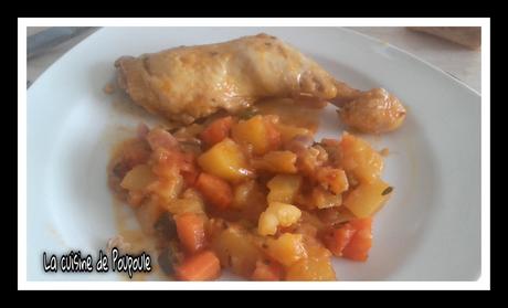 Cuisse de poulet au vin blanc, carottes, pommes de terre violette en cocotte