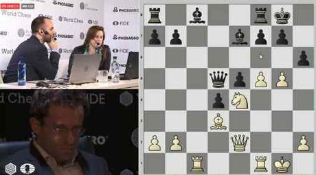 L'image clé de la ronde 7 : quand Judit Polgar et Lawrence Trent voient Levon Aronian jouer tout pour l'attaque contre Fabiano Caruana avec le très tranchant 16.g4 - Photo © World Chess 