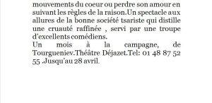 Regard vers le théâtre de Pierre-Marc LEVERGEOIS « Un mois à la campagne » de Tourgueniev – Théâtre Déjazet