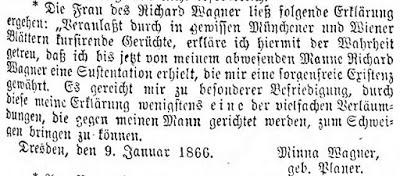 Le 9 janvier 1866, Minna Wagner écrivait à la presse pour défendre l'honneur de son mari.