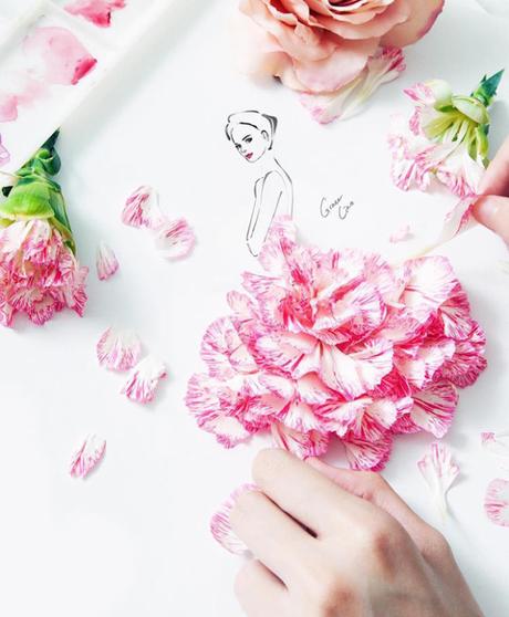 Cette artiste mêle dessin, aquarelle et véritables fleurs pour réaliser des illustrations de mode