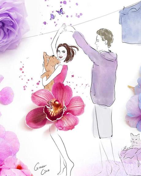 Cette artiste mêle dessin, aquarelle et véritables fleurs pour réaliser des illustrations de mode
