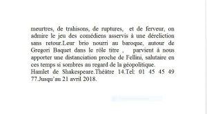Regard vers le théâtre de Pierre-Marc LEVERGEOIS – « HAMLET de Shakespeare Théâtre 14