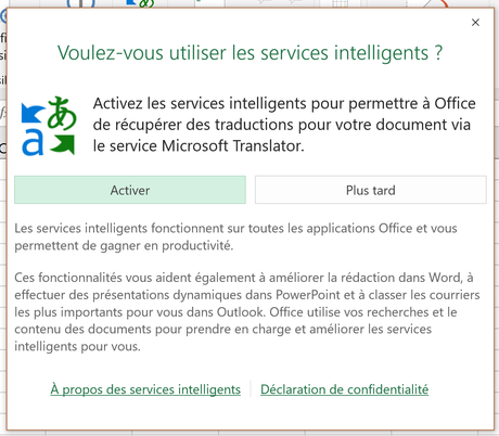 Excel - Activation services intelligents