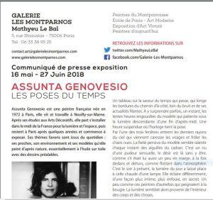 Galerie Les Montparnos  (Mathyeu Le Bal) exposition  Assunta Genovesio  « Les poses du temps » 16 Mai au 27 Juin 2018