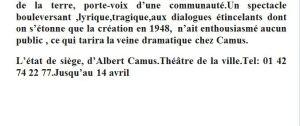 Regard vers le théâtre de Pierre-Marc Levergeois – « L’état de siège » d’Albert Camus – Théâtre de la ville