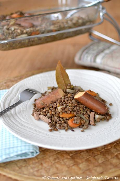 Lentilles aux saucisses végétales et lardons de tofu {Omnicuiseur} Lentilles aux saucisses végétales et lardons de tofu
