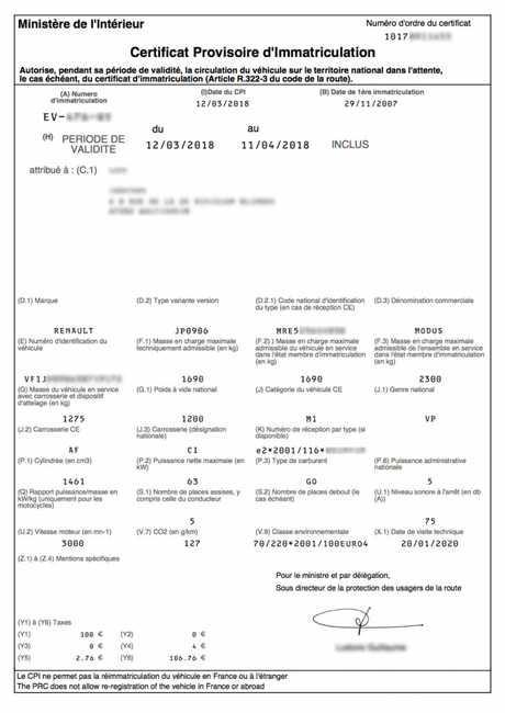 CPI (certificat provisoire d'immatriculation) en ligne ANTS pour véhicule importé