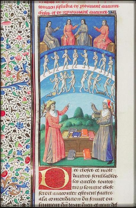 Maitre François - Porphyry and Plotinus discussing the purification of the soul by means of theurgy Paris 1475-1480. Fol. 435v of the Hague