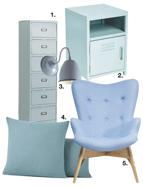 bleu glacier chambre rangements table coussin lampe