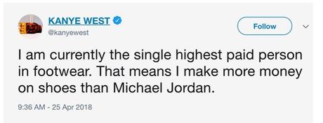 Kanye West tweet qu'il est actuellement la personne la mieux payée du marché footwear