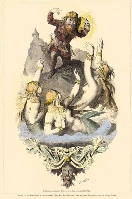 Rheingold: Albéric dérobe l'or aux filles du Rhin, un dessin de Ludwig Burger.