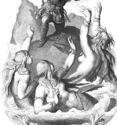 Rheingold: Albéric dérobe l'or aux filles du Rhin, un dessin de Ludwig Burger.