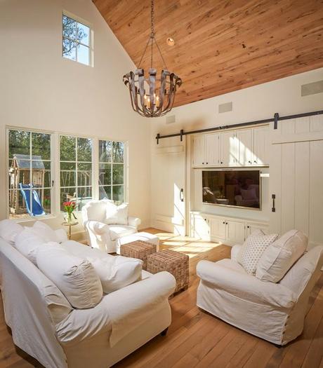 Story Meuble Two Story Living Room W Rustic Planked Ceiling