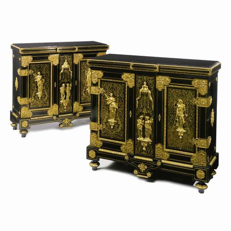 A pair of gilt bronze mounted ebony brown stained tortoiseshell and inlaid brass premiere partie boulle marquetry meubles   hauteur d appui Paris circa