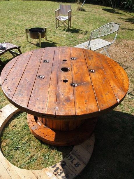 Up cycled cable spool outdoor dining table Challenge 1 Push up pewley hill