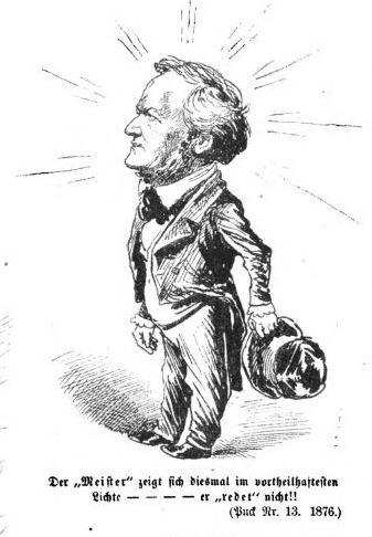 Une caricature de Wagner dans le Puck en 1876 à l'occasion de la première représentation des Meistersinger à Berlin Une caricature de Wagner dans le Puck en 1876 à l'occasion de la première représentation des Meistersinger à Berlin
