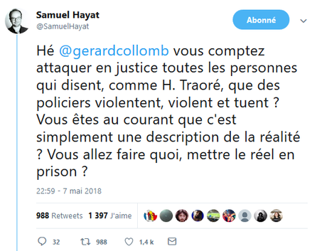 Solidaire d’Hadama Traoré, @gerardcollomb, nous ferez-vous tous inculper ? (c’est pour un sondage… ;) Solidaire d’Hadama Traoré, @gerardcollomb, nous ferez-vous tous inculper ? (c’est pour un sondage… ;)
