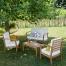   Salon bas de jardin en bois d'acacia FSC, Bois Dessus Bois Dessous  
 Ce salon bas de jardin en bois d'acacia FSC issus de forêts durablement gérées est moderne et confortable. Il vous offrira des moments conviviaux et de détente pour profiter de la nature et des beaux jours. 
 A noter : Le sofa et les fauteuils offrent une assise confortable grâce à leurs coussins et leurs dossiers légèrement inclinés. 
  Prix indicatif :  389€ la table, le sofa et les fauteuils sur le site  www.boisdessusboisdessous.com  