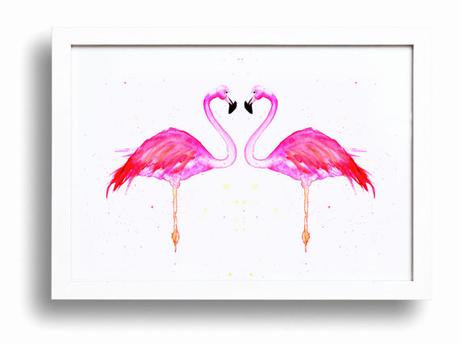 Meubles Flamant Love Birds Flamingo Wall Art Bright Pink Print Watercolour