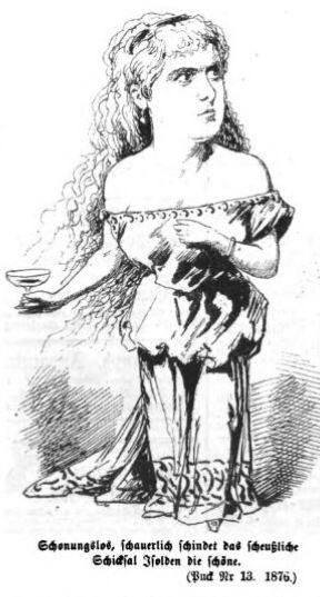 Caricatures wagnériennes: Tristan, Isolde et Brangäne caricaturés par le Puck en 1876