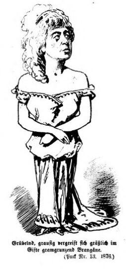 Caricatures wagnériennes: Tristan, Isolde et Brangäne caricaturés par le Puck en 1876