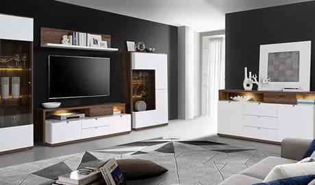 Meuble Living Design Séjour Plet Contemporain Blanc Brillant Et Chªne Noble Alcano