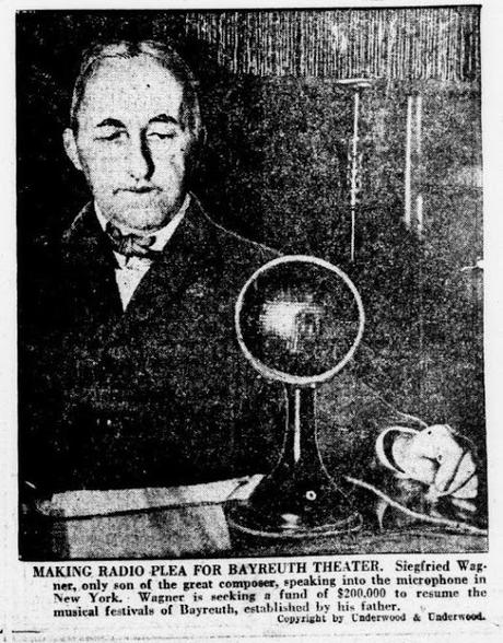New York janvier 1924. Siegfried Wagner lance un appel radiophonique aux dons pour le théâtre de Bayreuth.
