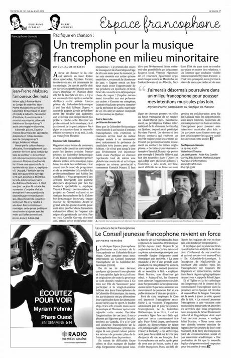 Le poète et homme de théâtre, Jean Pierre Makosso, obtient un article de presse dans le journal La Source, à Vancouver (Canada)