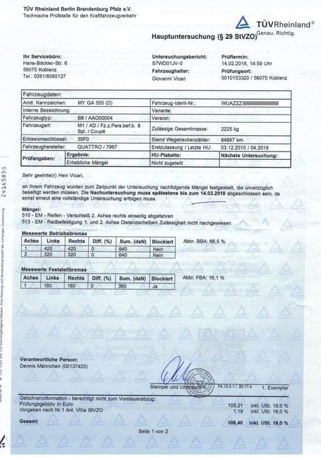 Page du certificat de contrôle technique allemand (TÜV)