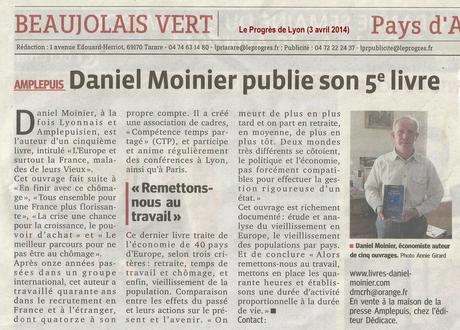 Daniel Moinier obtient un article dans Le Progrès de Lyon pour son livre « L’Europe et surtout la France, malades de leurs Vieux »