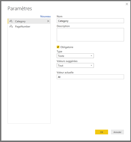 Leçon de Web Scraping avec Power BI Power BI - Paramètre catégorie