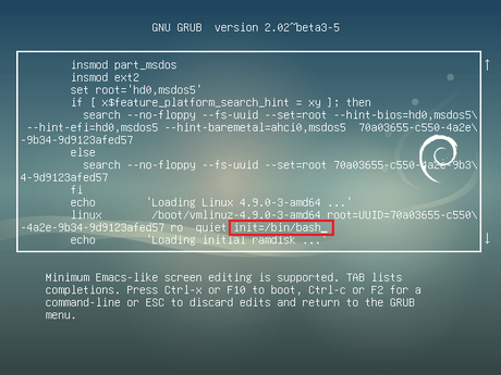 Reset root password on Debian 9 - Editing Kernel Commands