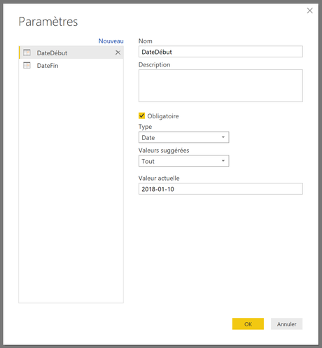 Paramètres date début et date fin