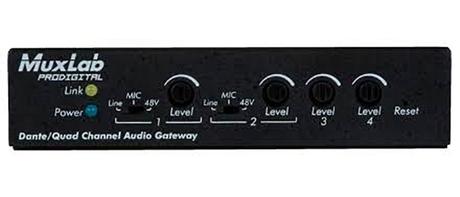 MuxLab propose une petite matrice 4×4 en Audio sur IP Dante muxlab 500765 dante front