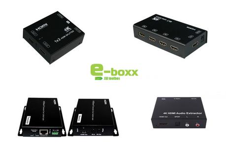 4 petits boîtiers très pratiques pour la HDMI 4K chez e-Boxx : distributeur, switcher, extendeur, extracteur