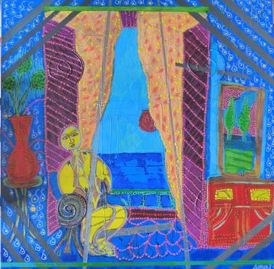 Le soleil à sa fenêtre acrylique sur toile 80x80 cm-The sun in its window acrylic on canvas 80x80cm-캔버스에 아크릴 창문이있는 80x80 cm의 태양 cm-