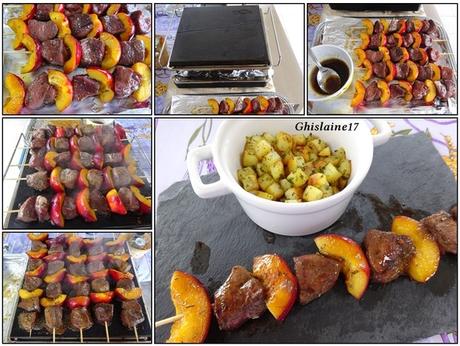 Brochettes de canard/nectarine - marinade à l'huile d'olive, miel, sauce soja, thym, romarin